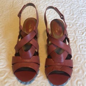 Clark’s dark coral leather wedge sandals